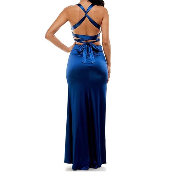 NWOT B. Darlin Sleeveless Satin X-Back Long Marine Blue Dress- Size 13/14 - Picture 2 of 13